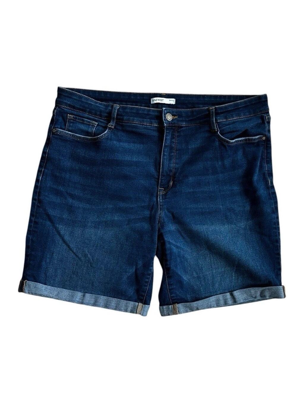 Nine West Women's Bermuda Dark Wash Stretch Denim Blue Jean Shorts Size 18